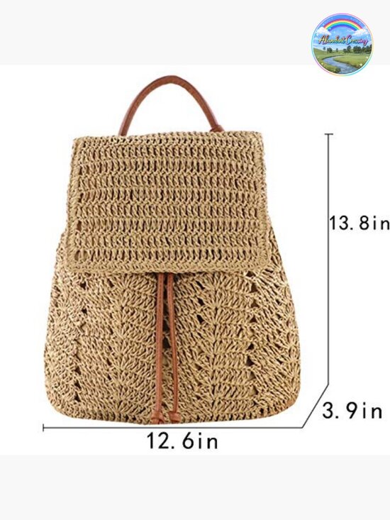 Handwoven Straw Backpack Drawstring Shoulder Bag Bohemian Beach Bag